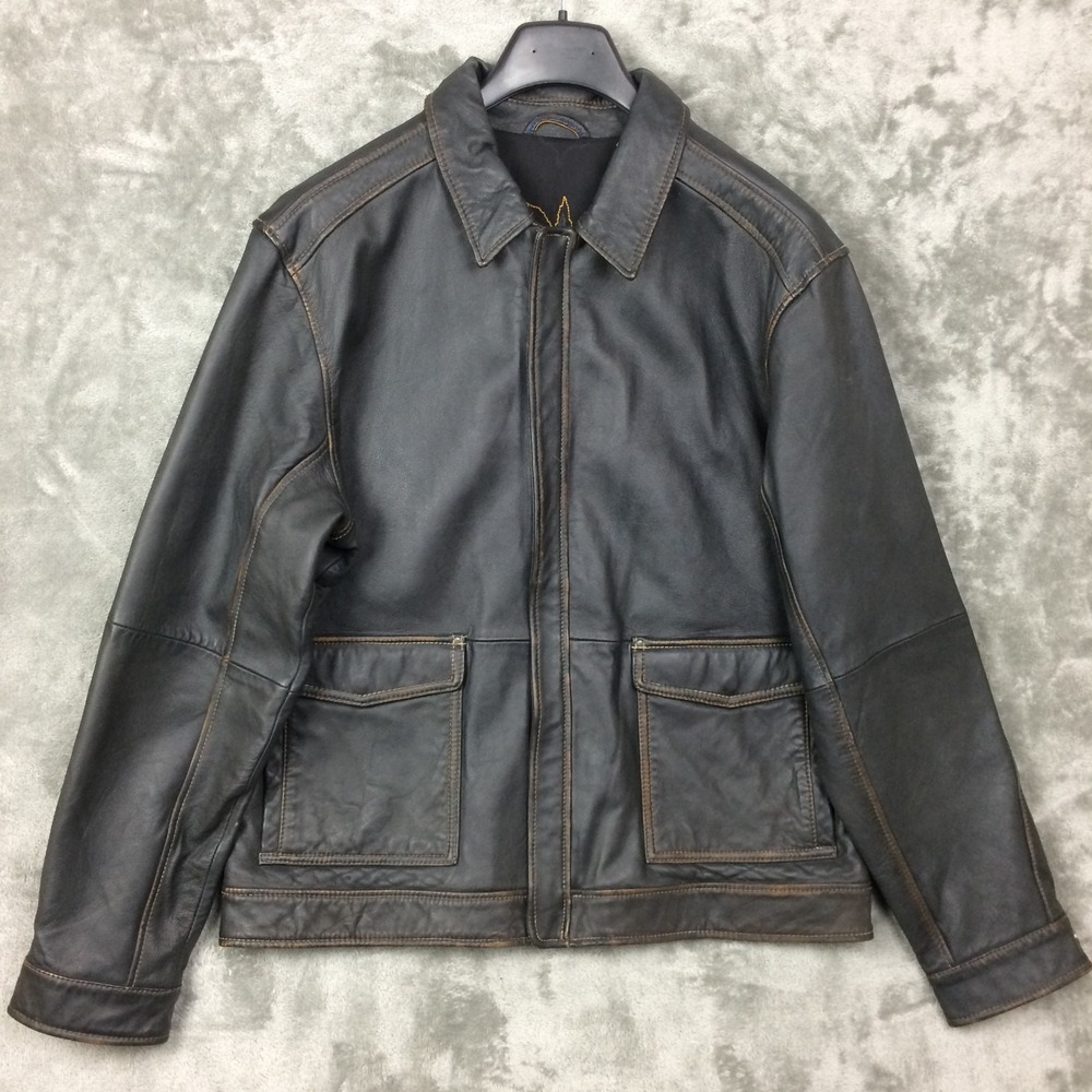 Tommy Bahama Leather Jacket Mens XL Brown Aviator Distressed Full Zip Coat